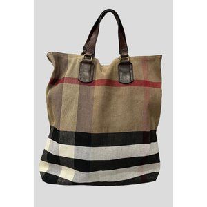 Burberry Giant House Check Canvas Tote Bag Clasp Closure Tan Beige Black Red